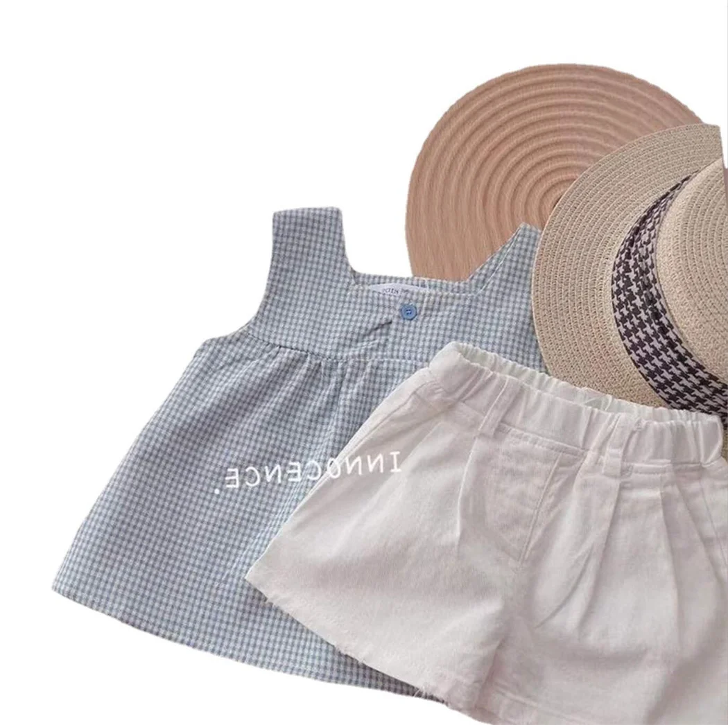 Soft Breathable Toddler Girls Summer Clothes Sleeveless Baby Casual Plaid T-Shirt Tops +Cotton Shorts Korean Kids Girls Clothing baby clothing set essentials