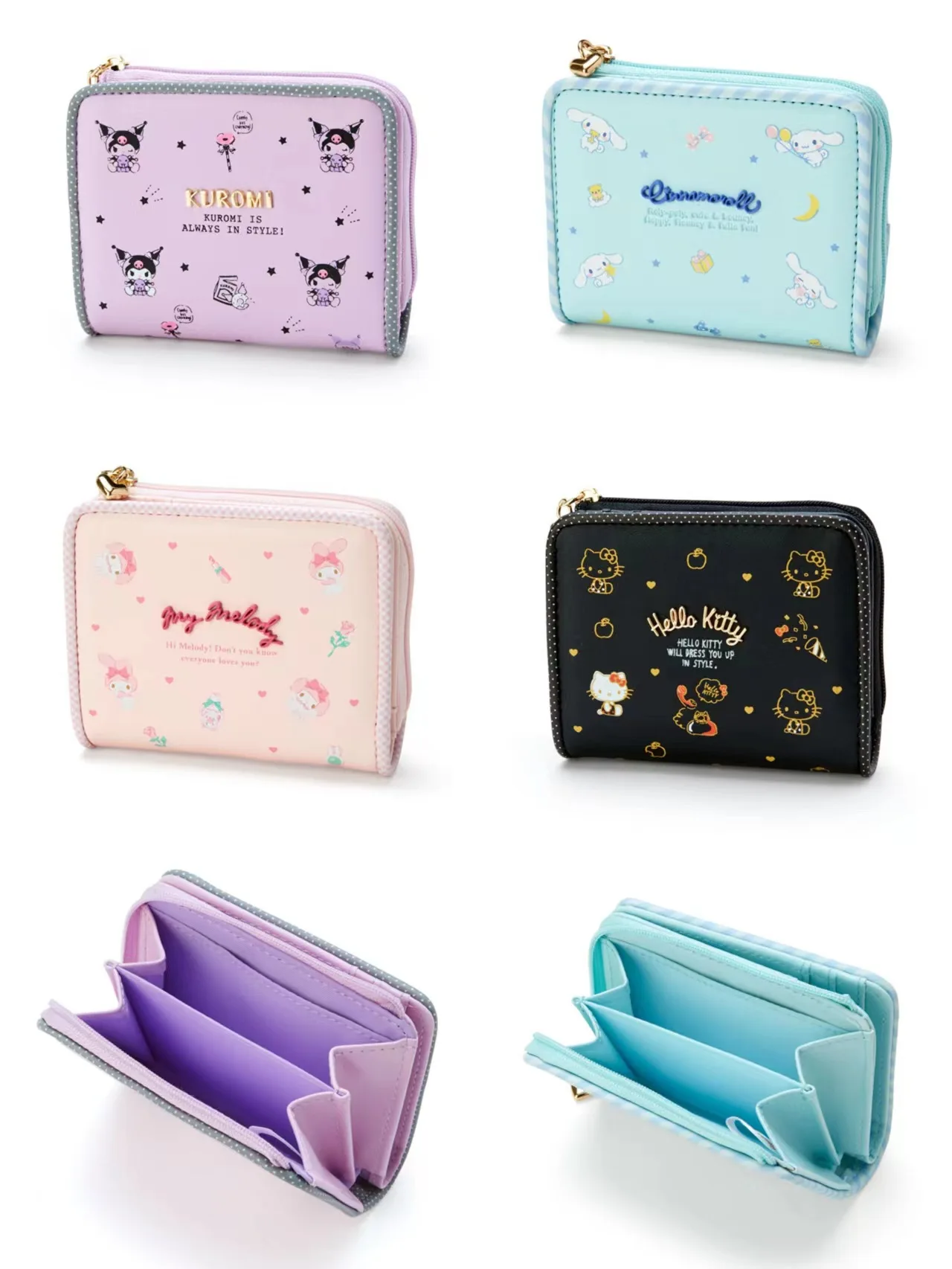 Plush Coin Purse Sanrio Cartoon Hello Kitty My Melody Kuromi Kawaii Pu Wallet Zipper Folding Card Bag Female Student
