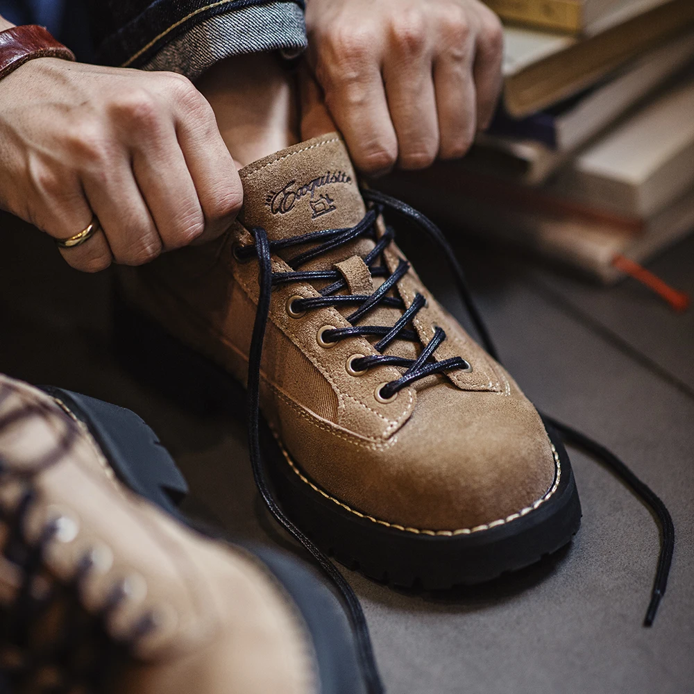 Maden Vintage Cow Suede Shoes Lace-up Thick-soled Low-cut Work Shoes Casual Leather for Men's Fall and Winter Dress