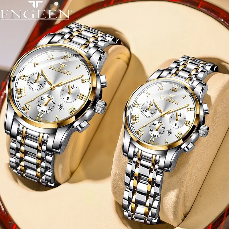 BINBOND Elegant Quartz Couple Watches Set - Stylish Waterproof Stainless Steel Valentine's Gift