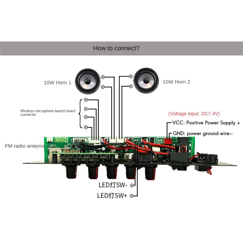 7.4V Amplifier Board Square Dance 2X10W Speaker Amplifier Support Bluetooth AUX U-Disk 5-8Inch Speaker DIY Home Theater