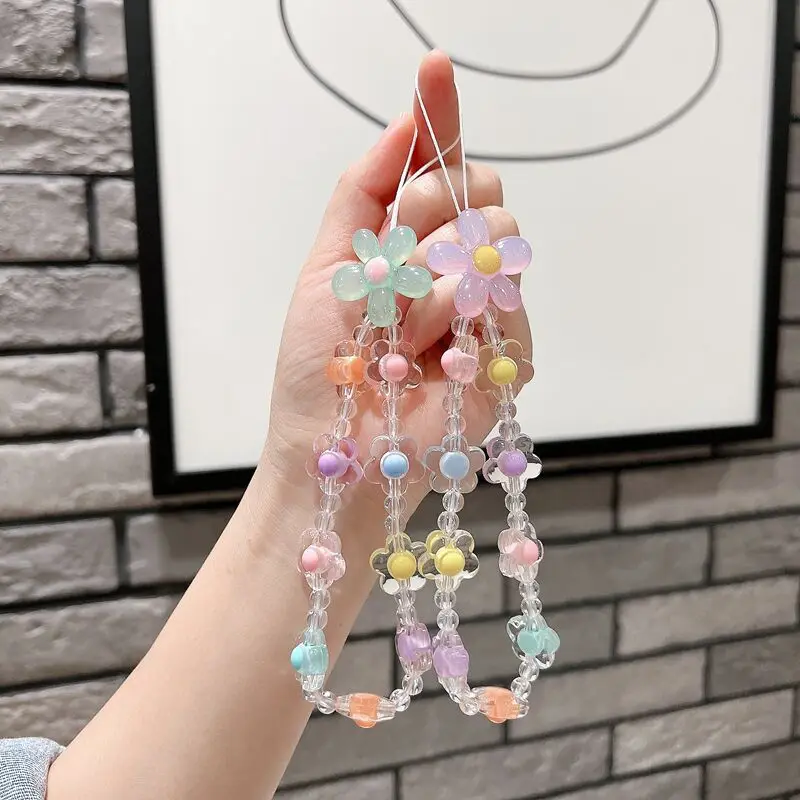 Handy Lanyard Kuerz Handperléiert Ronn Perlen Anhänger Ins Blummen Anhänger Anti-Verluer Schling Fraen Handgelenkband_voghion.com