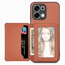 Magnetic Wallet Card Holder Leather Case with Carbon Fiber Design and Flip Stand Cover - OPPO A6 Pro (Brown)