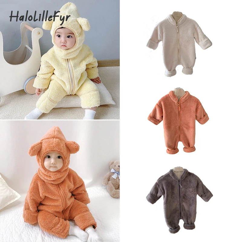 

Newborn Thickened Warm Baby Plush Jumpsuit Solid Color Zipper Romper For Boy Girls One-Piece Clothes Soft Fleece Infant Overalls