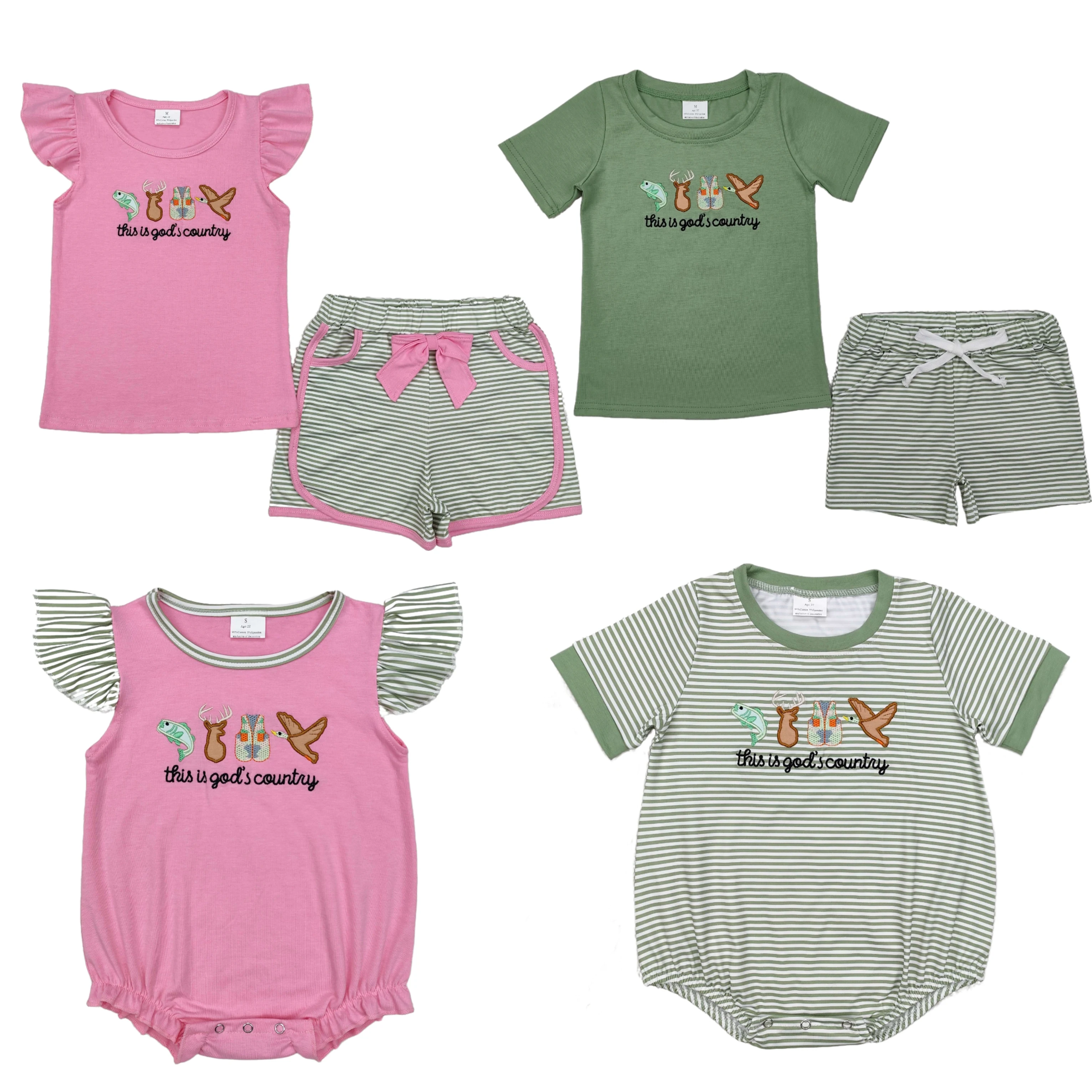 Baby Boy Girl Clothes Embroidery Country Fish Deer Duck Sibling Clothing Infant Girls Boys Rompers Outfits Matching