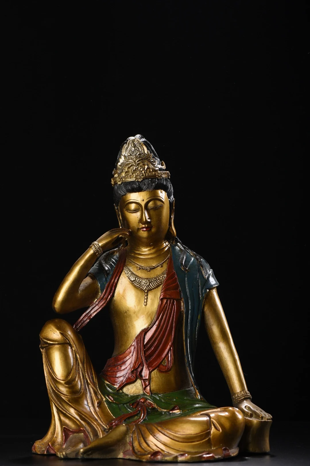

13"Tibetan Temple Collection Old Bronze Painted Gilded Comfortable Guanyin Bodhisattva Sitting Buddha worship hall Town House