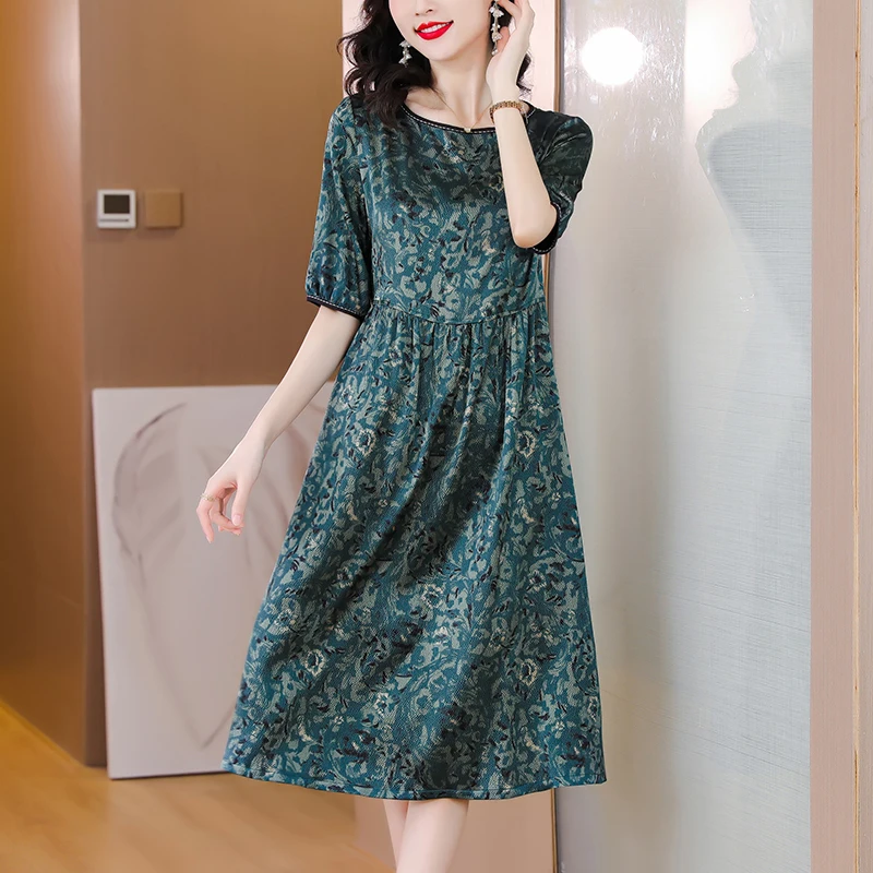 여성 녹색 인쇄 멀 베리 실크 미디 드레스 여름 한국 빈티지 캐주얼 파티 Vestidos 2024 새로운 우아한 느슨한 플러스 사이즈 드레스