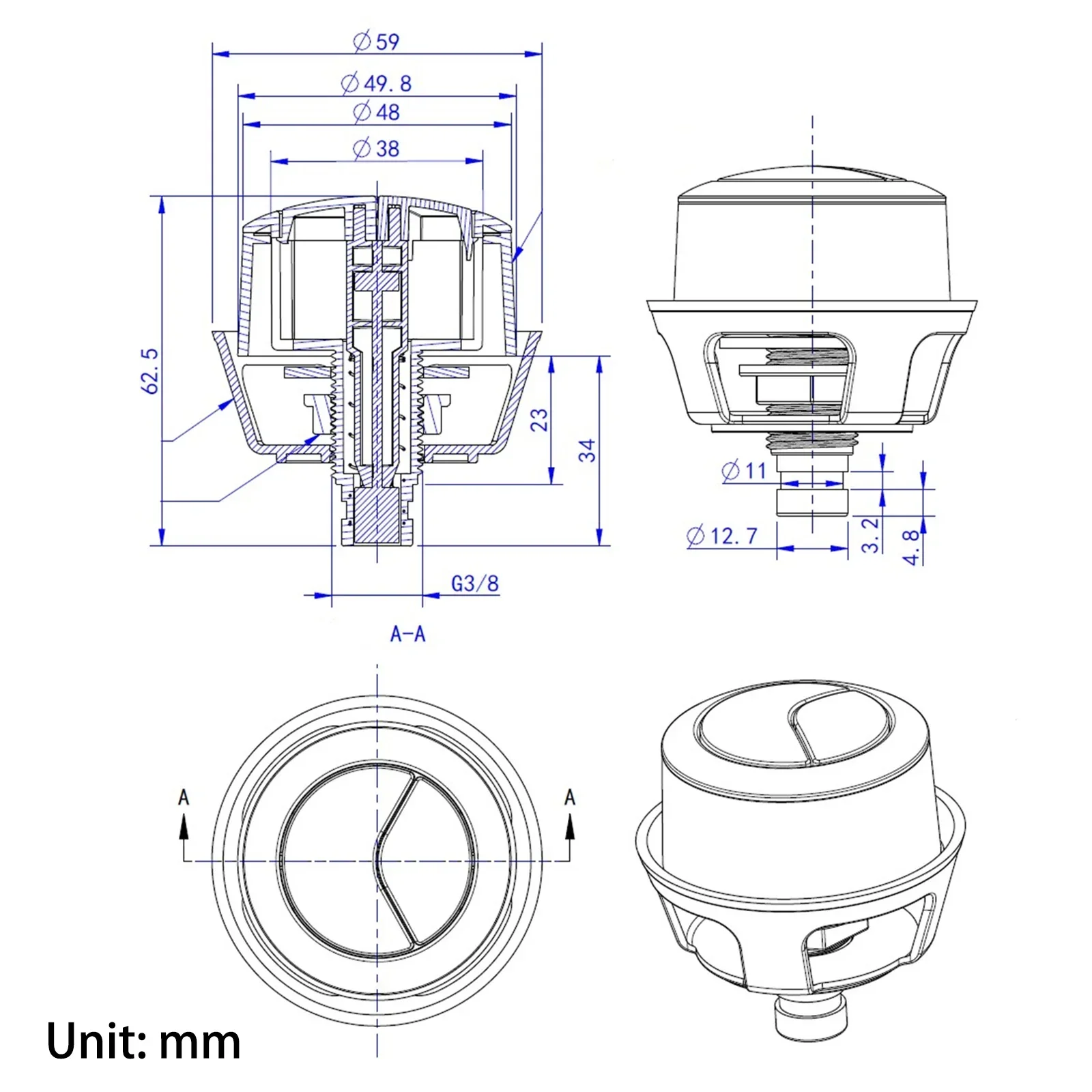 Dual Flush Push Button For Concealed Cable Wc Cisterns Gold Black Silver