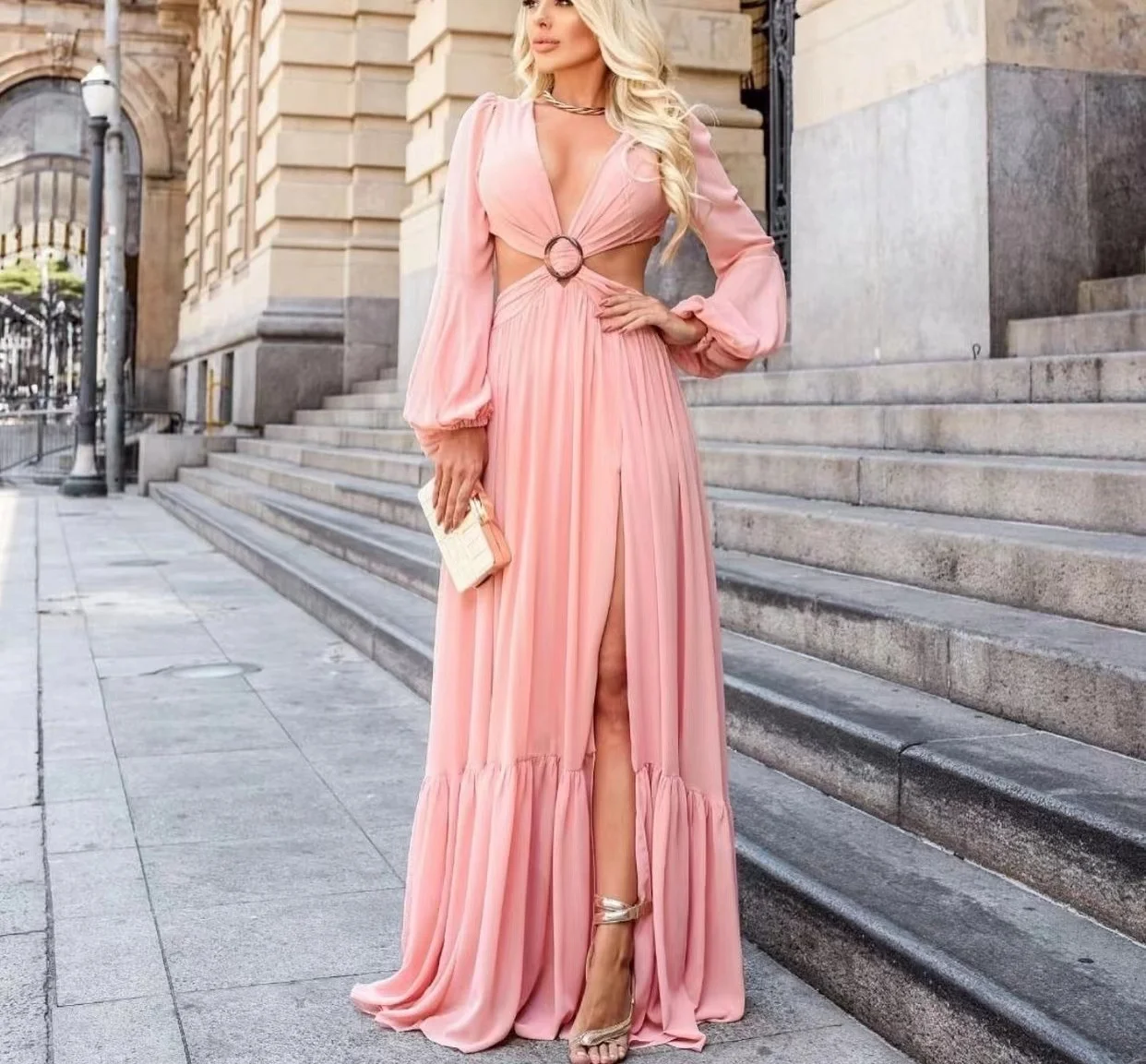 

Sexy Hollow Out Maxi Dress Women 2023 Summer Autumn Cut Out Side Deep V Neck Ring High Split Floor Length Long Beach Dresses