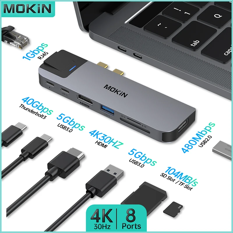 

Док-станция MOKiN 8 в 2 — USB3.0, Thunderbolt, HDMI 4K30 Гц — для MacBook Air/Pro, iPad, ноутбука Thunderbolt — RJ45 1 Гбит/с