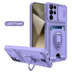 Luxury Push Window Card Slot Case with Ring Holder and Magnetic Closure for S24 Ultra (Light Purple)