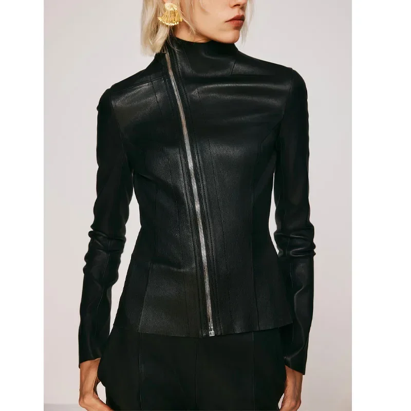 

23ss Rick Streetwear Ro Men Leathers Jacket Y2k Black Elastic Force Casual Outwear Women Slanting Lapel Zipper Jacket