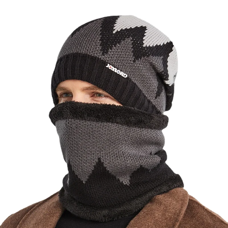

2PCS/set Men's Knitted Hat Scarf Checker Geometric Color Matching Outdoor Riding Beanie Thick Fleece Lined Winter Fur Skullies