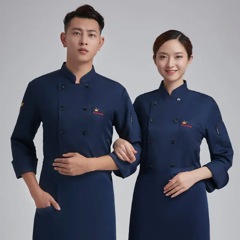 Men Women Long Sleeve Chef Uniform Chef Coat Jacket Cooking Clothing Navy/White 