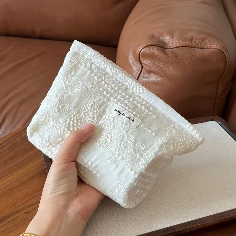 French Lace Makeup Bag, White Zippered Cosmetic Pouch w/ Lipstick Headphone Storage, Elegant Organizer Gift Her 2 Sizes