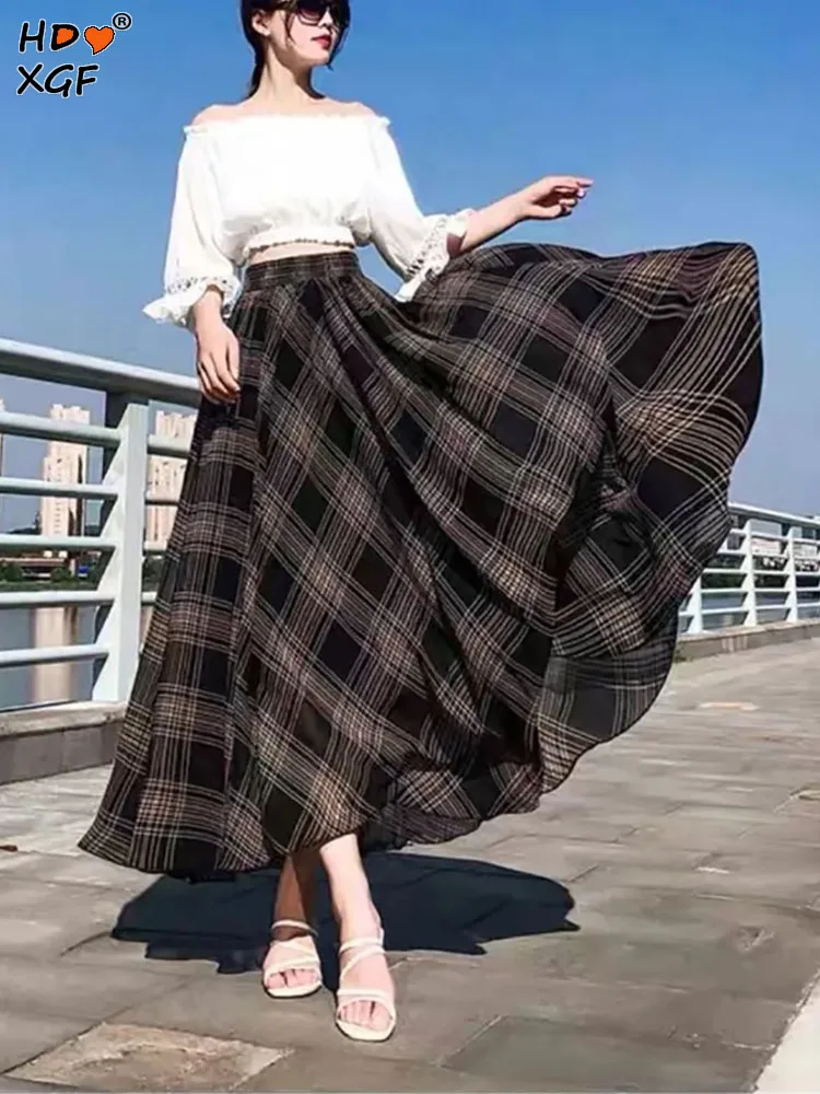 Elegant-Chiffon-Plaid-Midi-Skirts-For-Women-Summer-Elastic-A-line-High ...