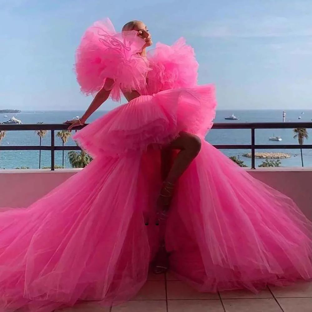 Lily Pink Prom Dress Deep V Neck High Low Special Occasion Fashion Gown Backless Sexy Pageant Dress Tiered Tulle Long Prom Gown women prom dresses