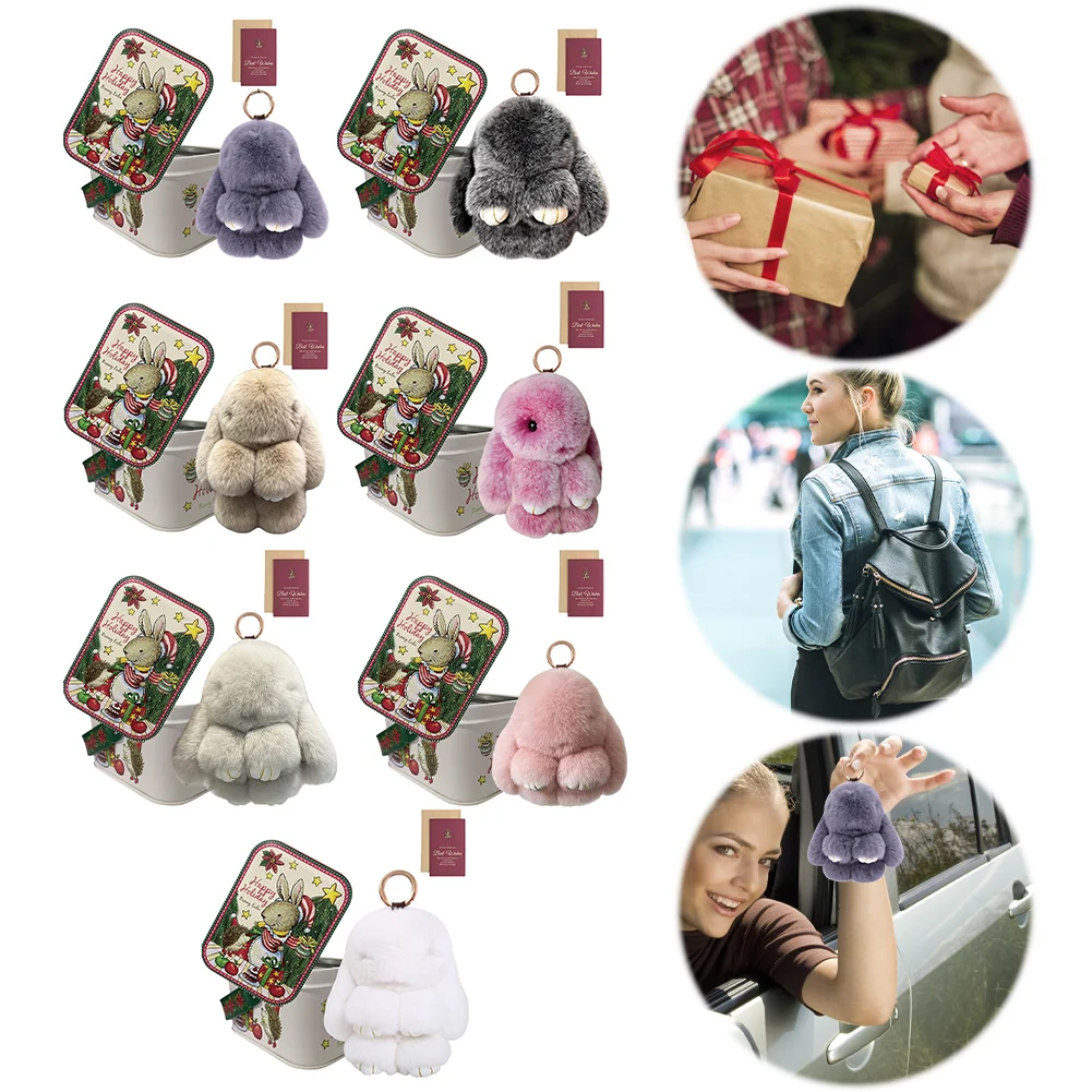 Bunny Plush Keychain Cute Rabbit Pompom Pendant W/ Tin Box Handmade Soft Bunny PomPom Keychain Christmas Gifts for Girls Women 2