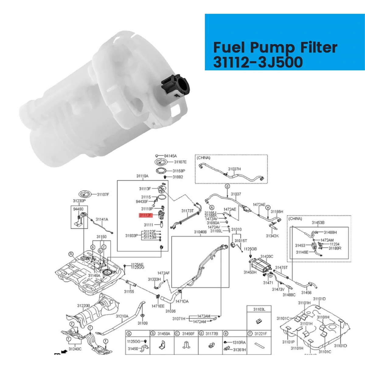 Car Fuel Pump Filter 31112-3J500 for Hyundai Veracruz 2007-2013 Fuel Filter 311123J500