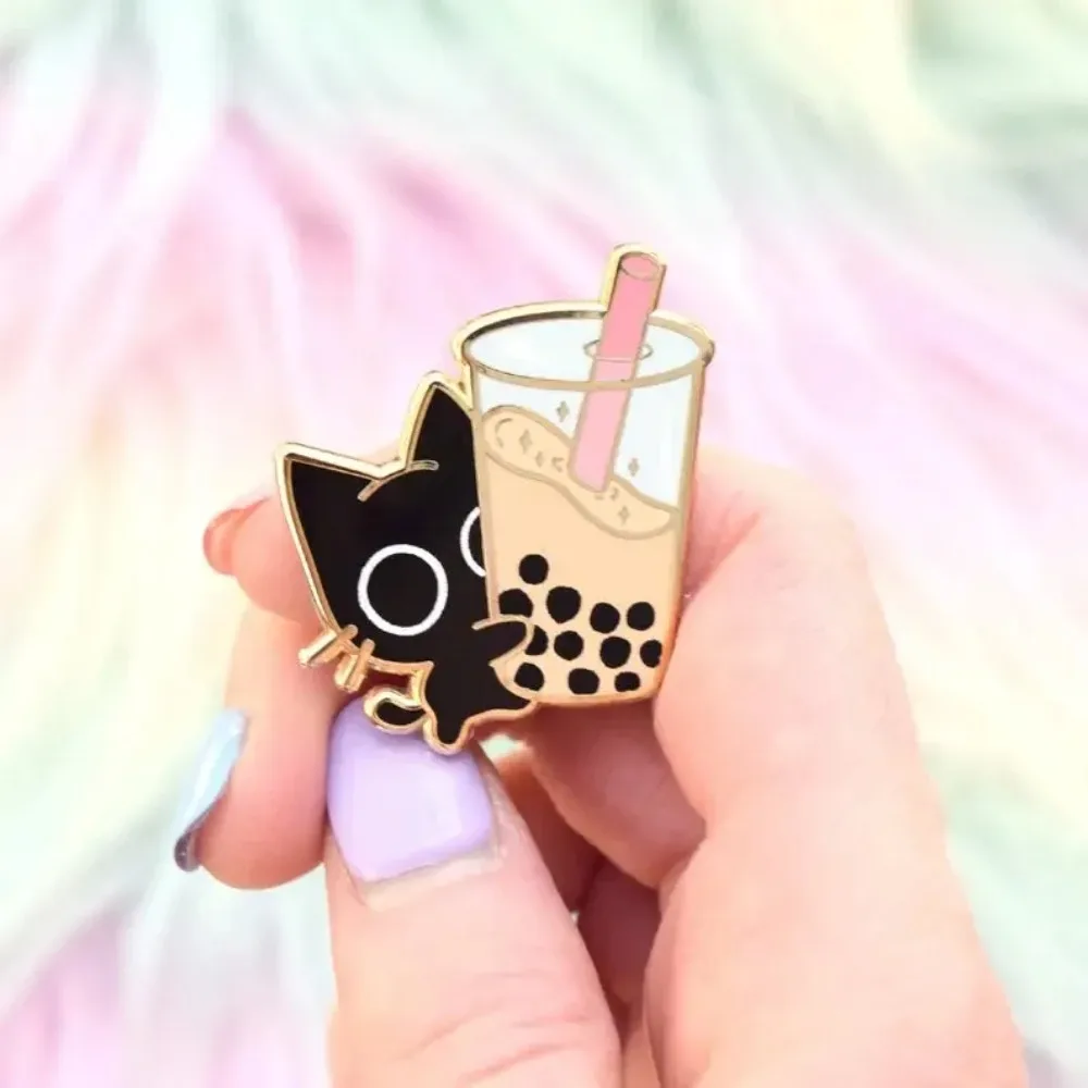 Kawaii Black Cat Bubble Tea Enamel Pin - Cute Sweets Badge Gift
