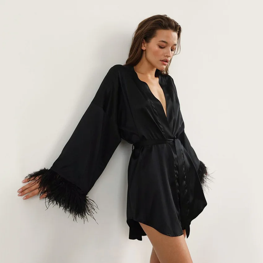 White Feather Robe With Fur Full Sleeves Sleepwear Satin Robes For Women Nightgown Bride Robe Gown Dress Bathrobe Female