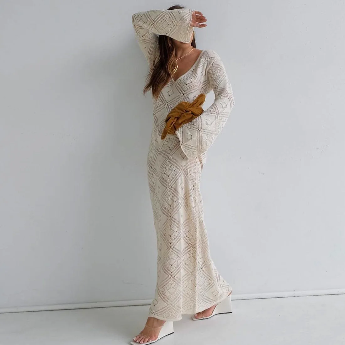 See-Through Loose Dress Flared Sleeve For Women Backless Hollow Out Holiday Beach Outfits V-Neck Pullover Maxi Dress 2025 8 See-Through Loose Dress Flared Sleeve For Women Backless Hollow Out Holiday Beach Outfits V-Neck Pullover Maxi Dress 2025