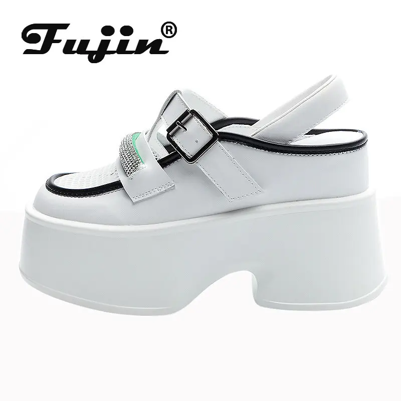 

Fujin 11 см новые сетчатые кроссовки из натуральной кожи на платформе; Женские сандалии; Повседневные летние шлепанцы со стразами