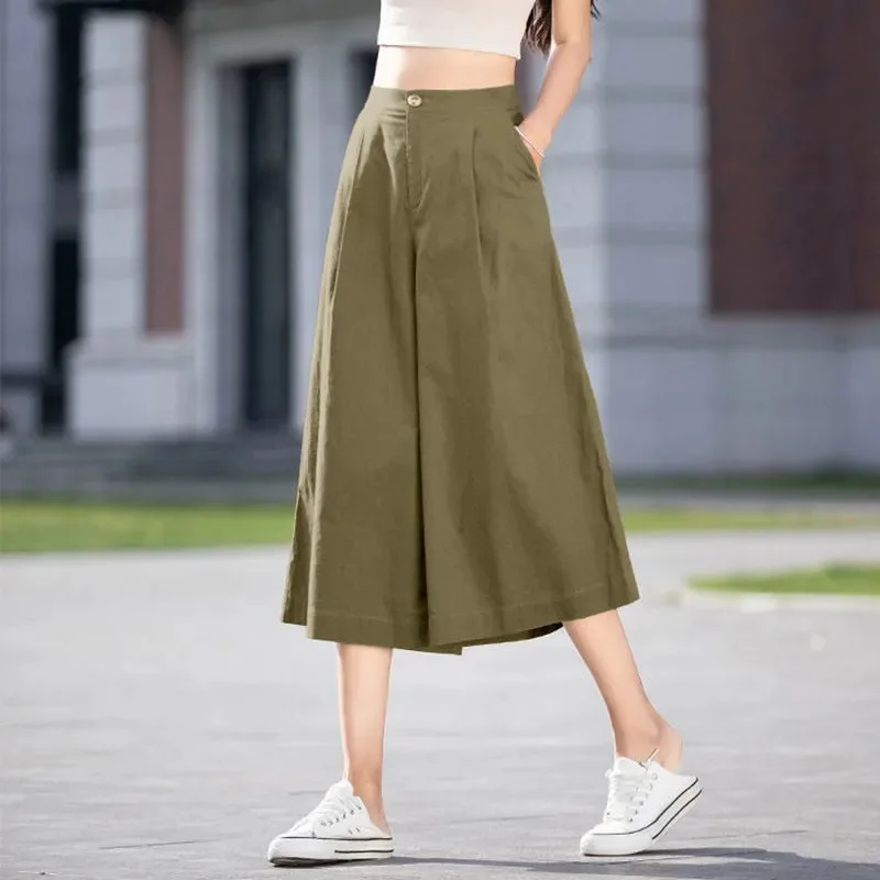

Balonimo Women's Summer Loose Wide-legged Pants Korean Style Cotton Linen Trousers High Waist Calf-length Casual Culottes Mujer