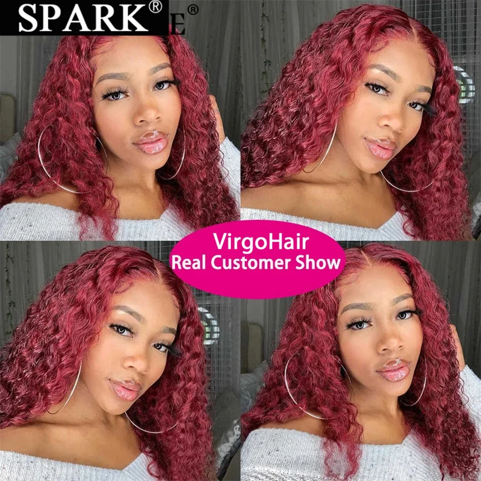 

SPARK Deep Wave Burgundy Wigs 100% Human Hair Black Short Bob 13x4 Lace Front Wigs For Women Short Deep Curly 180 Density