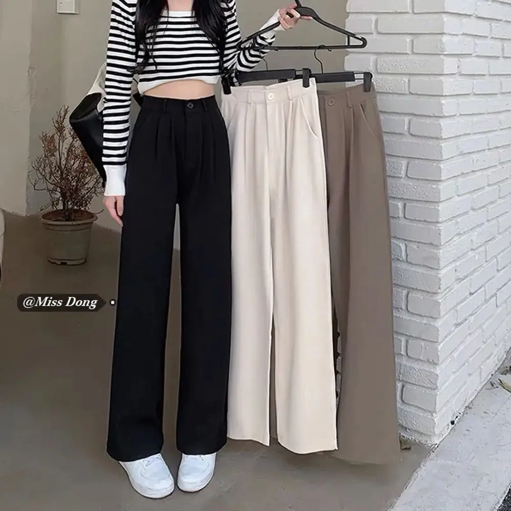 New Fashion Straight Pants for Women Button High Waist Wide Leg Full Trousers Black Khaki Long Pants Office Lady Clothes