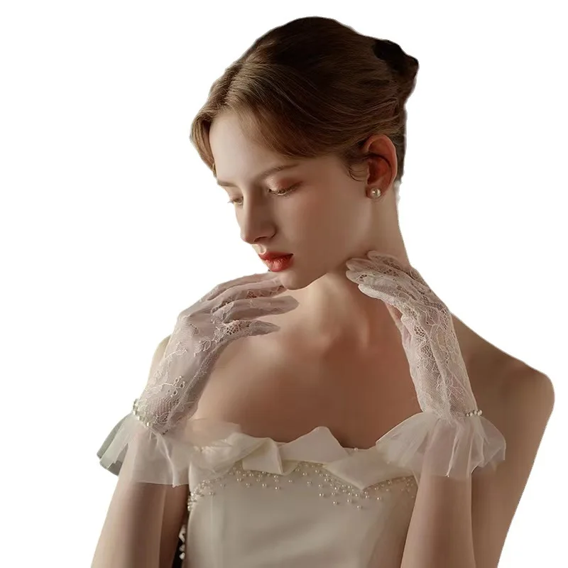 Japanese Soft Girl Black White Lace Gloves Girl Gothic Lolita Mesh Bow Flower Lace Gloves Sweet Wristband Maid Cosplay Accessory