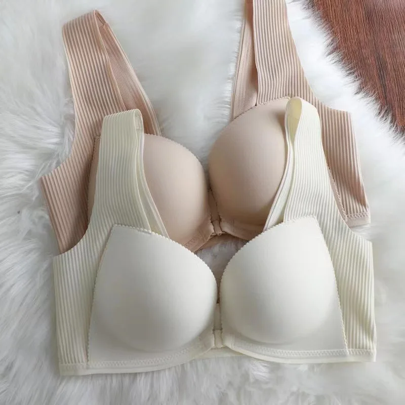 Women's Front Button Seamless Bra Wire Free Anti Sagging Underwear Push Up Gathered Bralette Solid Soft Breathable Lingerie Bras