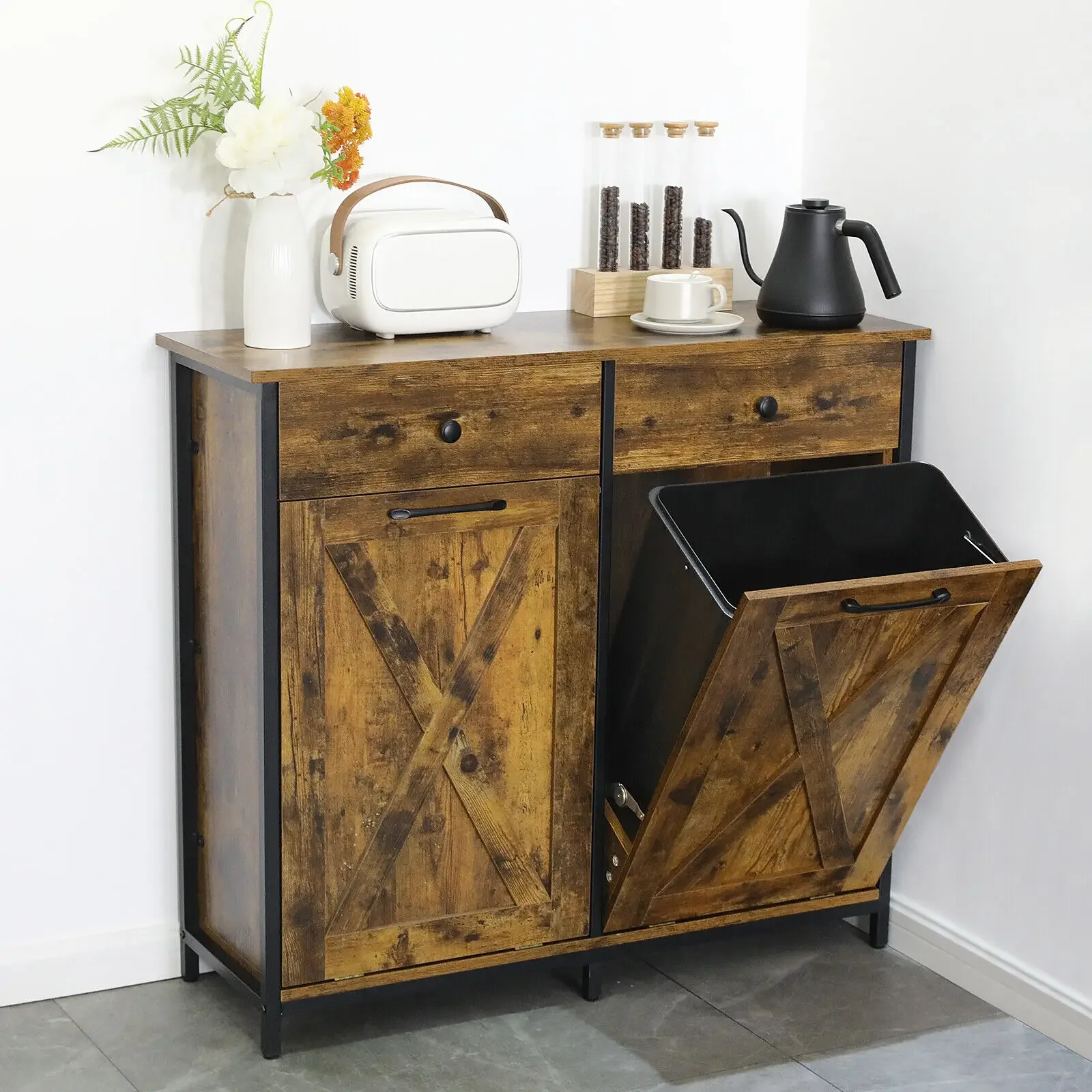 Dual Kitchen Trash Cabinet, 2 x 10 Gallon Double Tilt Out Trash Can Cabinet with Countertop and Drawer, Free-Standing Pet Proof