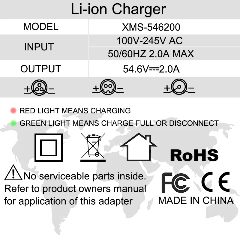 Battery Charger 48V/54.6v 2A 13 strings Polymer Li-ion Battery Charger XT60/triangle/XLR/DC 5.5*2.1mm