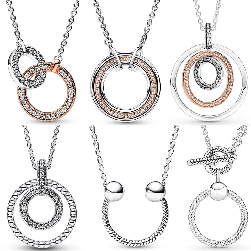 

Signature Two Tone Intertwined Circles & Pave U-shape Beads Pendant Necklace For Popular 925 Sterling Silver Bead Charm Jewelry