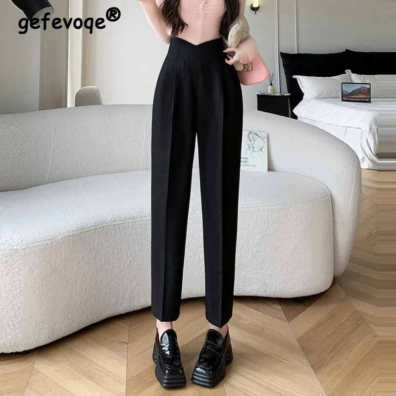 Women Korean Fashion High Waist Pleated Harem Suit Pants Office Lady Elegant Pockets Trousers Casual Solid Loose Pantalones 2024 spring women maxi skirt 2024 new fashion solid color elastic waist pockets pleated long umbrella skirts