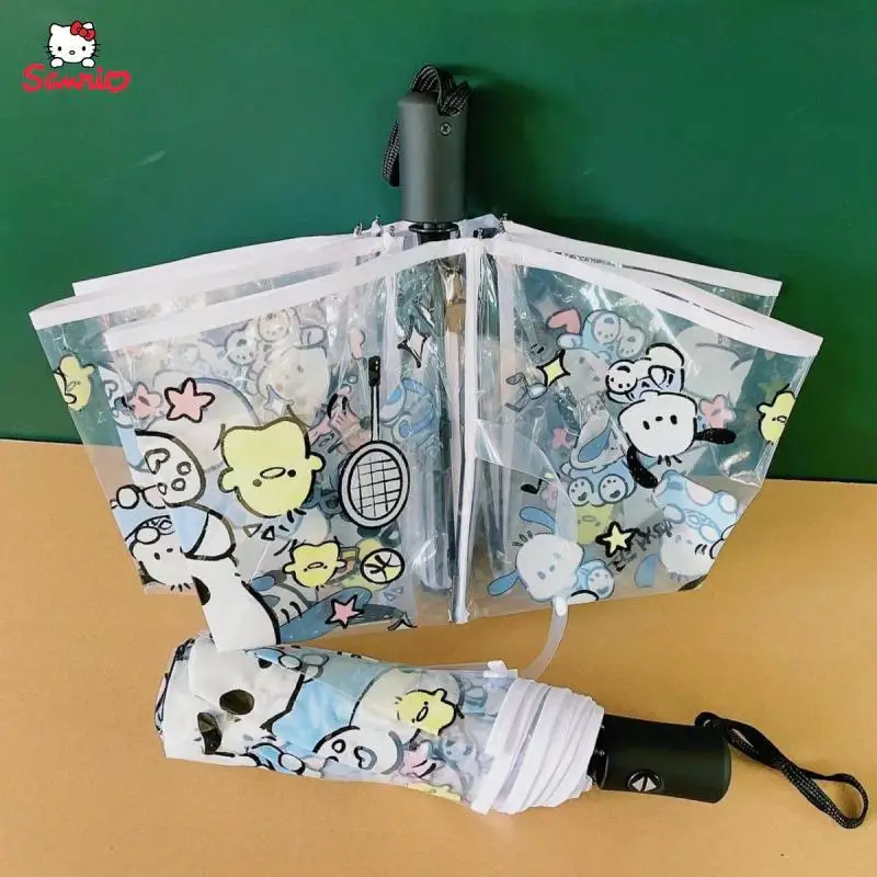 

Sanrio Pochacco Transparent Umbrella Three Folds Automatic Kawaii Foldable Manual Solid Durable Portable Fashion Girlfriend Gift