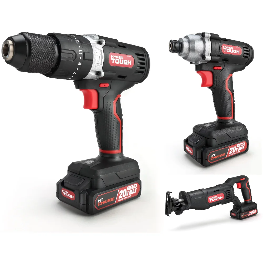 

Hyper Tough 20V ” Impact Driver, ” 2-Speed Hammer Drill, & Reciprocating Saw Bundle (3) 1.5Ah Lithium-Ion Batteries