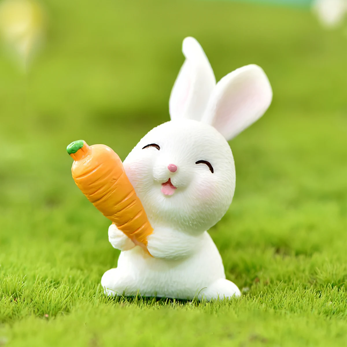 7 pieces, a set of creative and cute white mini statue ornaments in the shape of a little rabbit holding a carrot