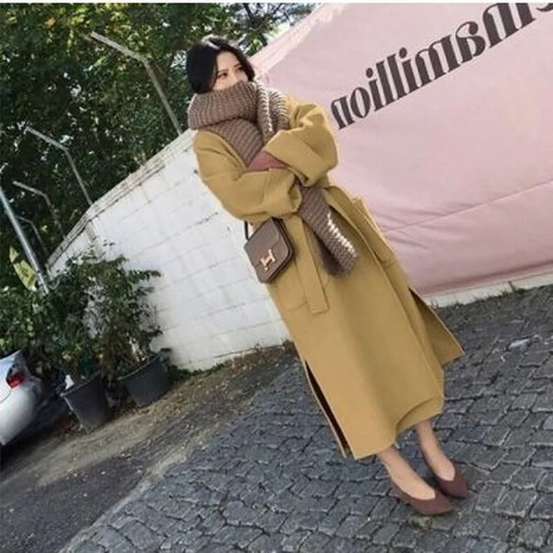 Autumn Winter Warm Blends Coats Women Double Sided Thickened Tweed Coat Solid Colors Sashes Knee-Length Outwears Chic Streetwear