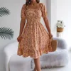 Summer Women's Beach Dress Floral 3D Print Square Neck Short-Sleeved Ladies Waist Ruffled A-Line Dress For Women Holiday Dresses 4