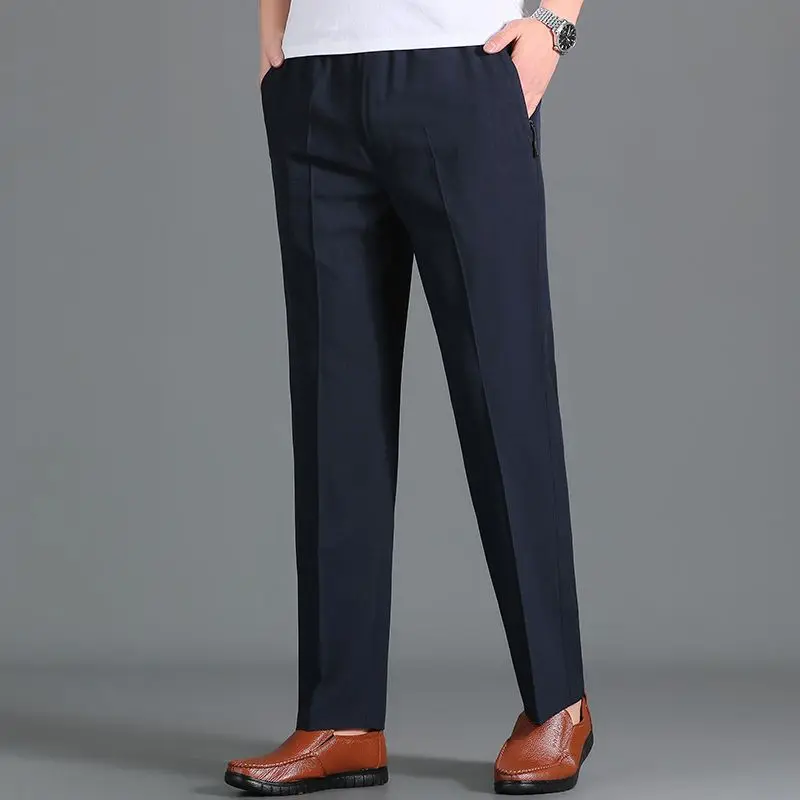Summer New Vintage Ice Silk Men Casual Straight Pants Solid Elastic Waist Button Patchwork Pockets Loose Versatile Thin Trousers