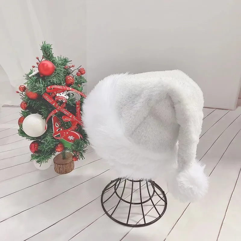 30X45CM White Plush Christmas Hat Unisex Comfort Santa Hat Christmas New Year Festive Holiday Party Supplies with Bright Silk