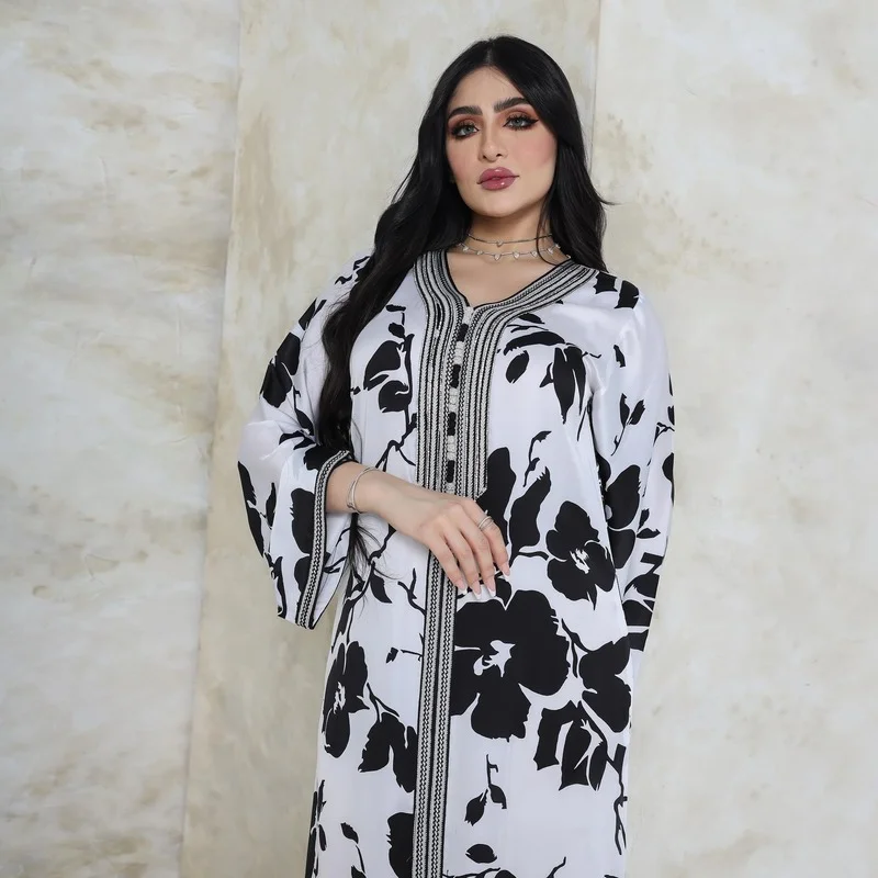 2023 Muslim Abayas for Women Dubai Black & White Print Robe Femme Musulman Middle East Arab Islamic Loose Women's Dress