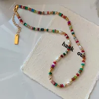 Colliers de perles d'eau douce naturelles en pierre colorée pour femmes, rétro, couleur or, chaîne de clavicule, bijoux cadeaux 5