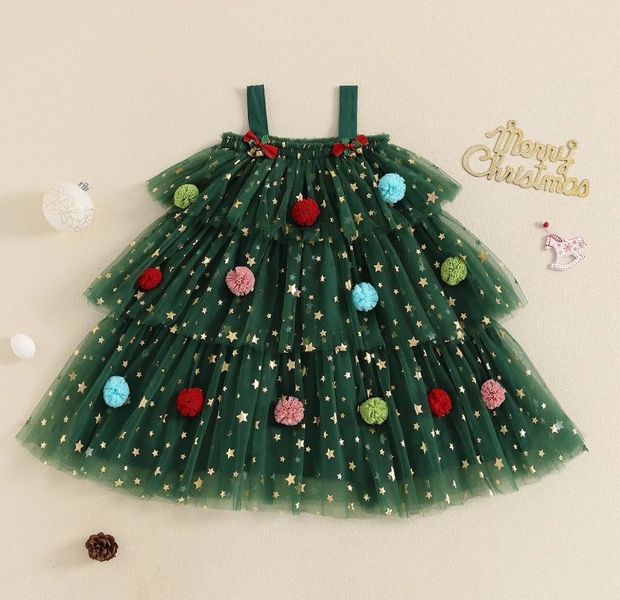 1-9Y Little Girl Christmas Dress Star Print Square Neck Sleeveless Layered Tulle Mesh Lace Dress with Plush Ball Xmas Costume