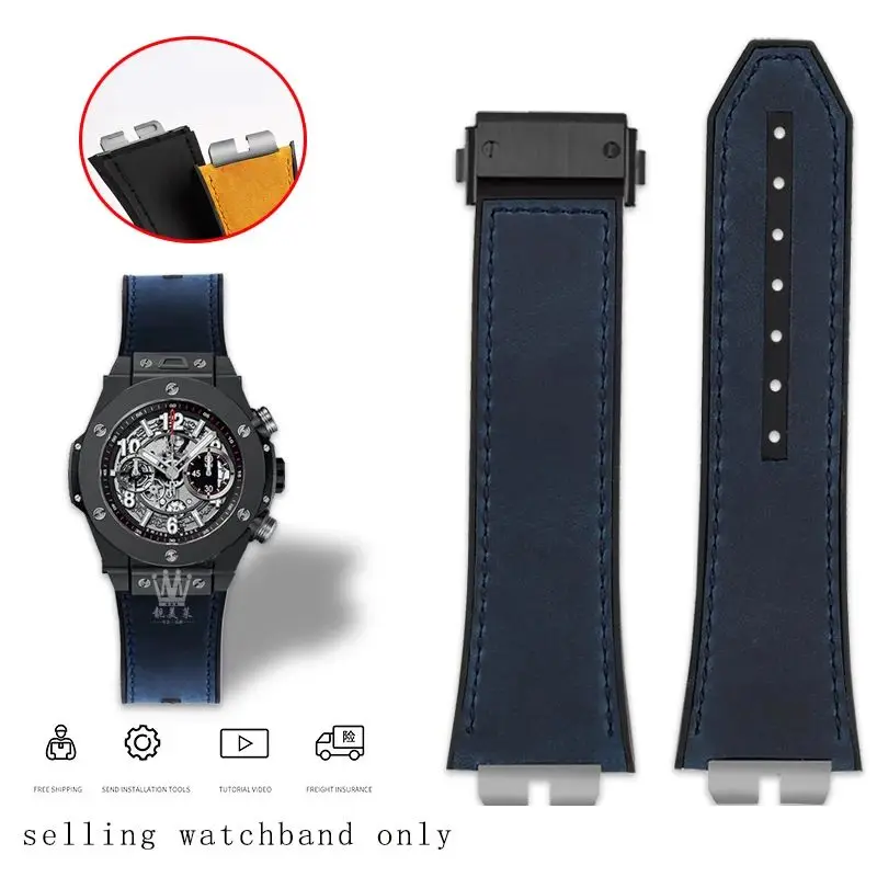 thumbnail image 1 of Correa de reloj de caucho fluorado de piel de vaca de liberación rápida para Hublot Big Bang 411 411 correa de 27 m Pulsera de reloj Junta de acero inoxidable, 1 of 5