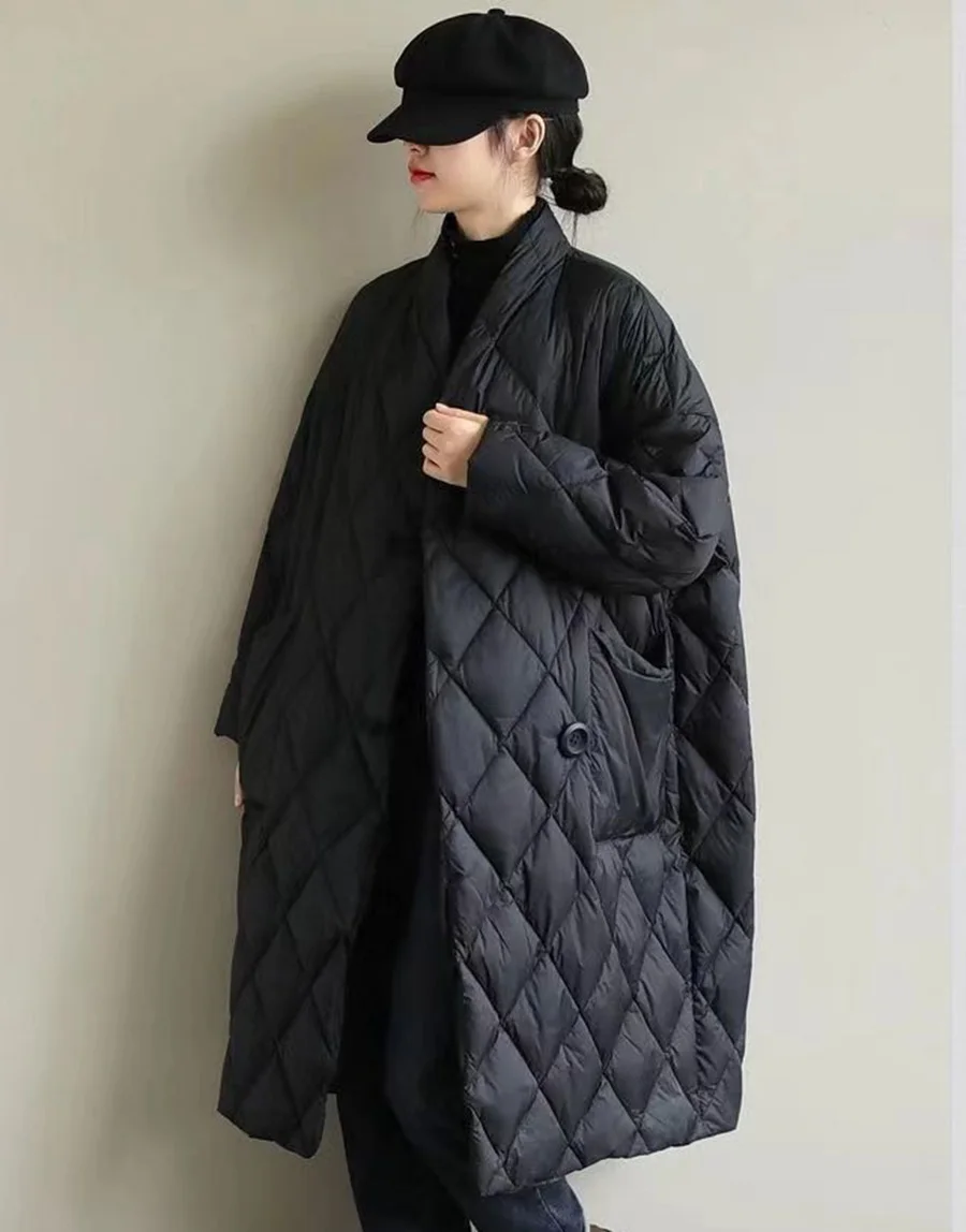 Jacket Plaid Stand Collar Padded Coat Midi Length Winter