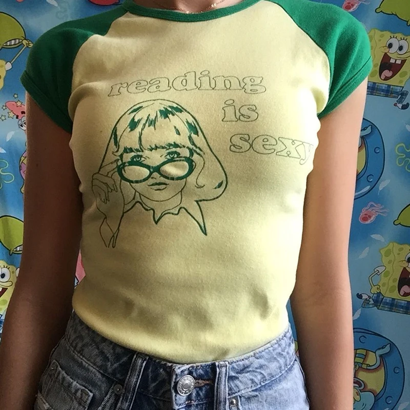 READING IS SEXY Aesthetic Women Gothic Crop Top Streetwear Grunge Baby Tee Vintage Casual Short Sleeve T-Shirt Y2k Clothes 3