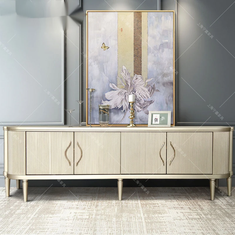 

American Light Luxury Solid Wood Tv Cabinet, Modern Champagne Color, High Vertical Bar Storage